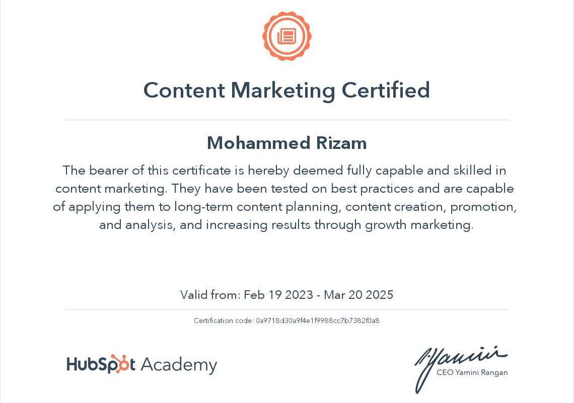 Freelance digital marketer in Kannur Hubspot Certificate